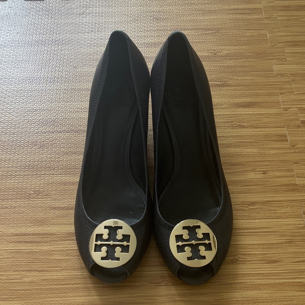 Tory Burch Navy Leather Peep Toe Wedge with Gold Medallion